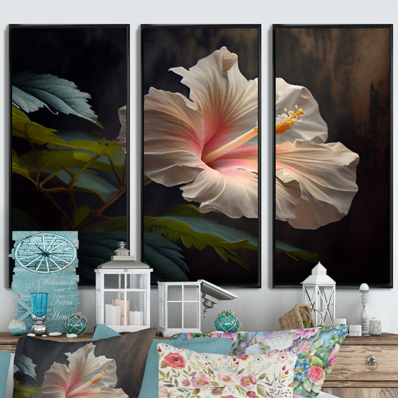 Blooming Pnk and Whte albscus - 3 pièces sur toile, Toile encadrée noire, L 36 po x H 28 po