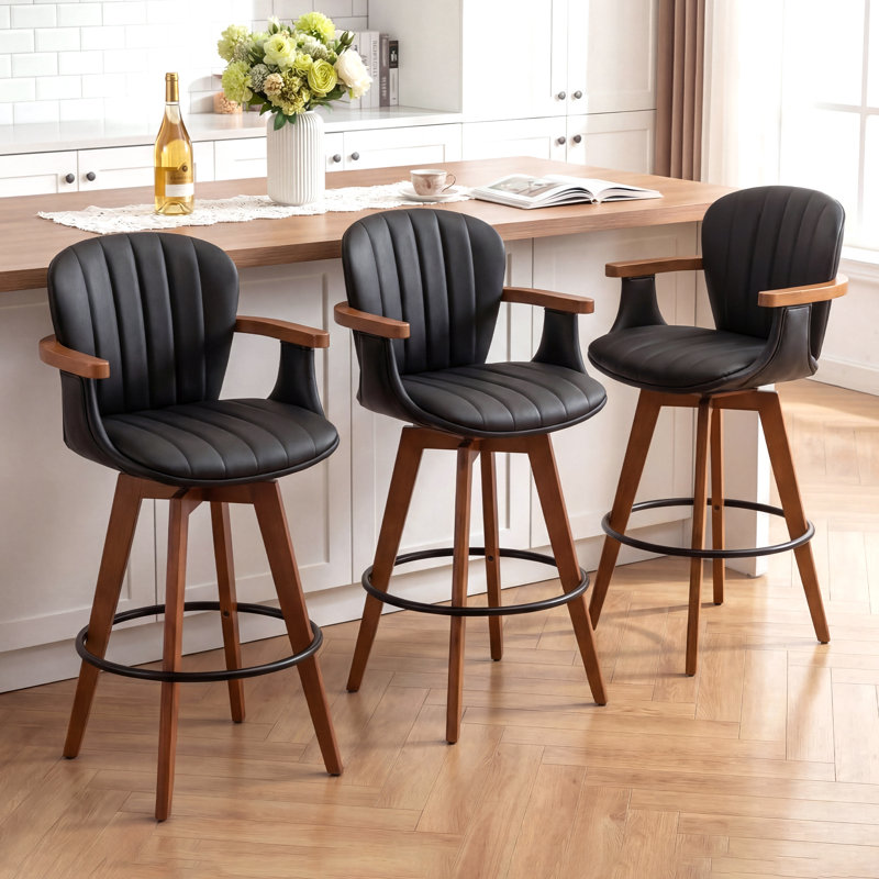Karez 360° Swivel Bar Stools With Bamboo Legs (Set Of 3), Black, Counter Stool (26” Seat Height)