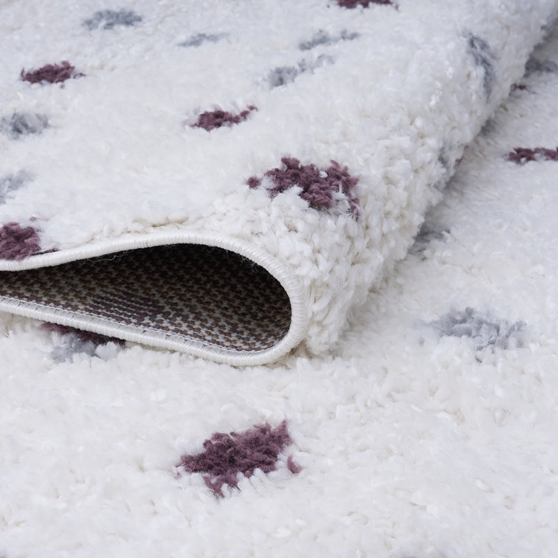 Moodi Modern Shaggy Area Rug Abstract Speckled Design, Round 120 cm, Off-White Grey/Purple