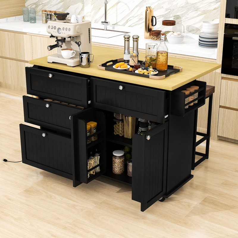 Rosauro Kitchen Islands with Storage Cabinet, 4 Drawers and Towel Rack, Black
