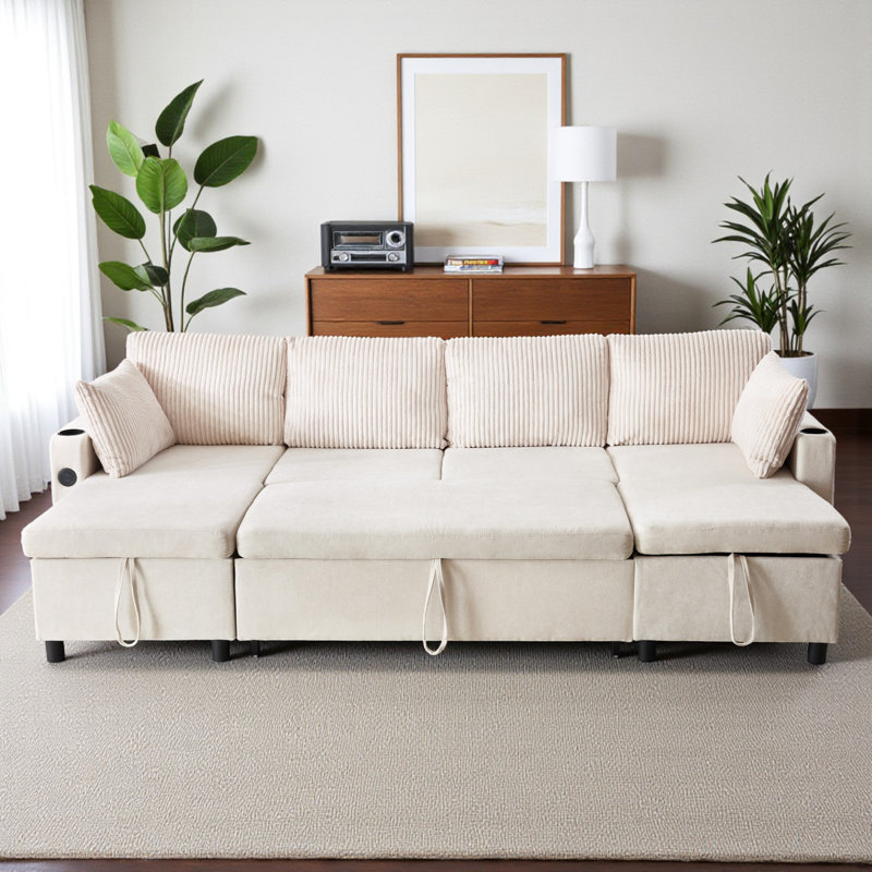 Fialynn 112" U-Shaped Sectional Sofa Pull-Out Sofa Bed, Beige