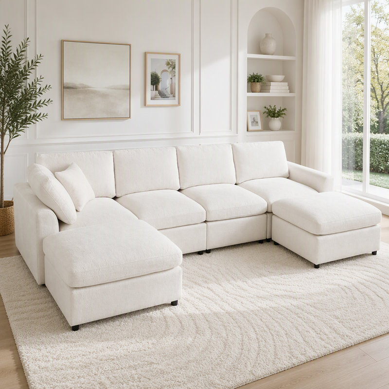 Canapé modulaire modulaire à 6 places avec tissu en chenille doux et repose-pieds mobile, 6 places l 130,3 po x P 66,7 po