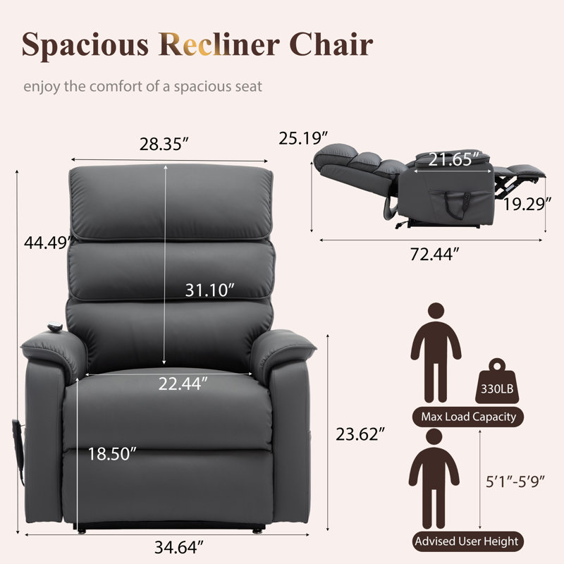 Muli 34.64"W High Back Recliner with Massage and Heat, Dual Motor, Lay Flat, Gray