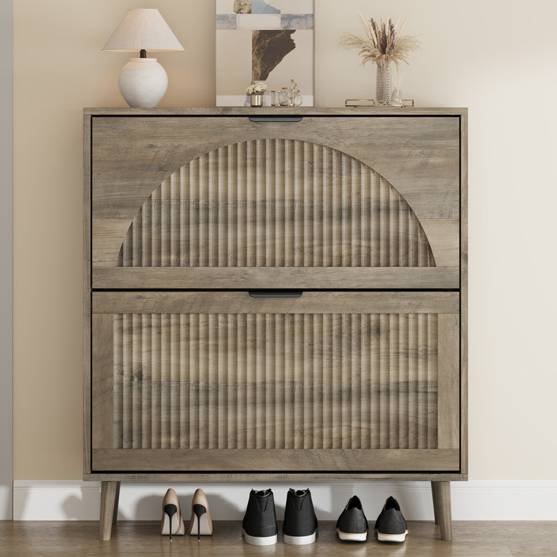 16 Pairs Shoe Cabinet with 2 Flip Drawers and Adjustable Shelves, Narrow Wood Shoe Storage with Fluted Arched Front, Gray