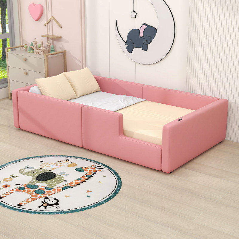 Twin Upholstered Platform Bed With Charging Ports And Slats