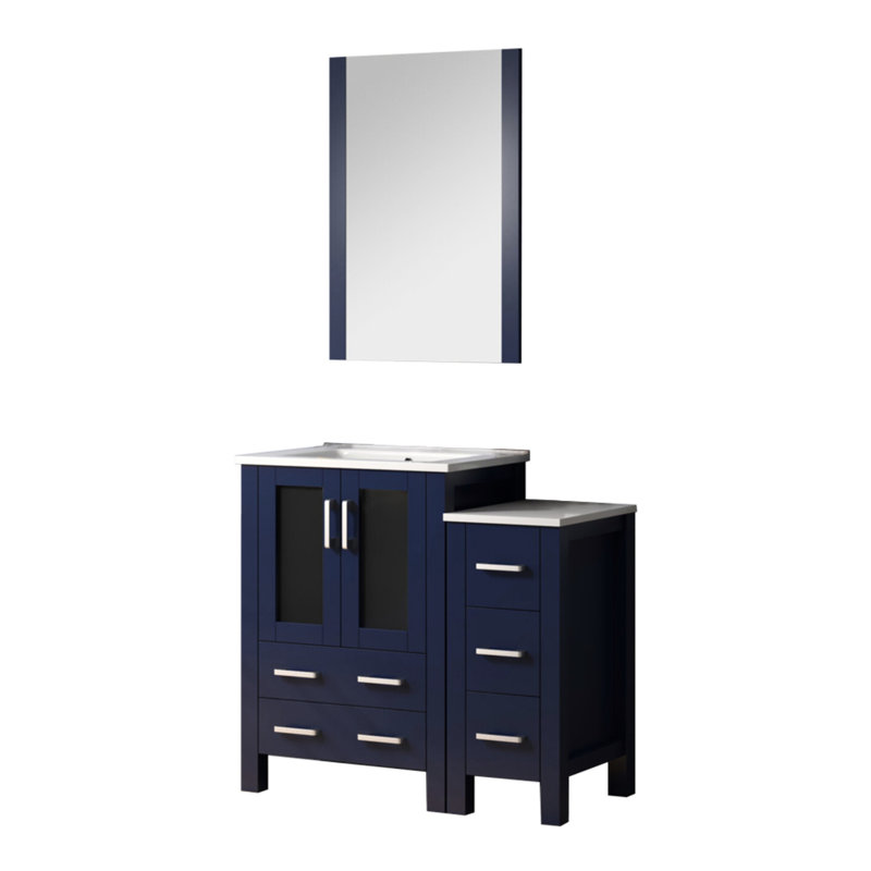 Bleu marine 36 po Meuble-lavabo large pour salle de bain avec armoire latérale, surface en céramique blanche, miroir 22 et tiroirs à fermeture en douceur avec plateau supérieur, option de rangement à long terme