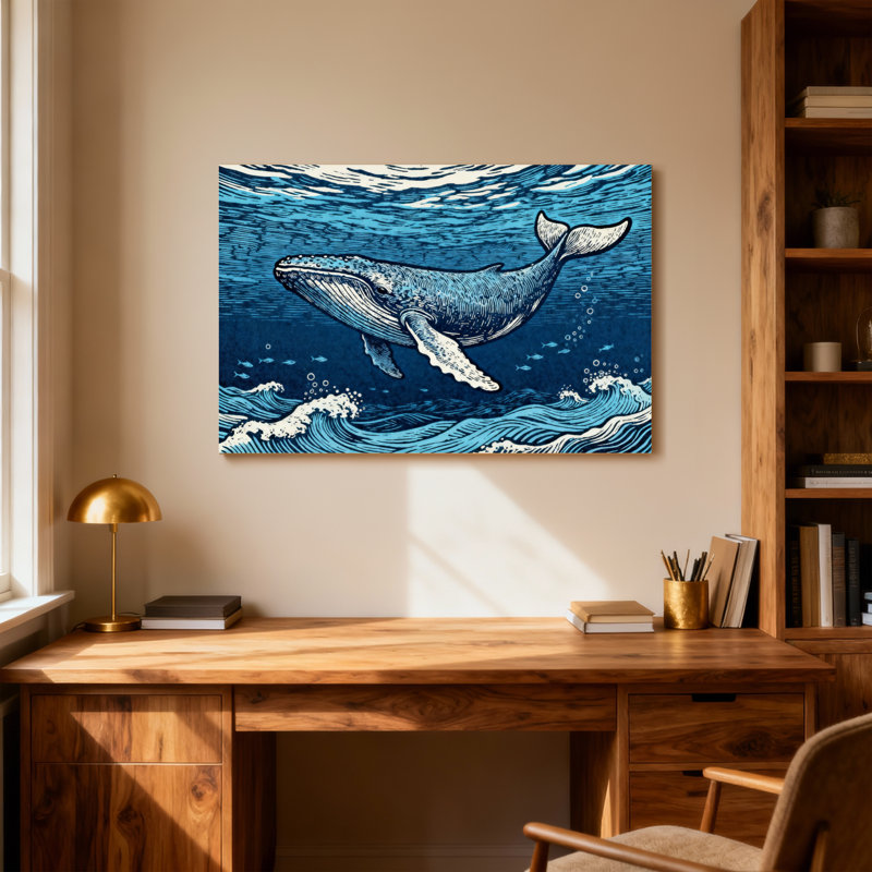 Animaux, baleine nageant dans un motif de vagues océaniques, H 24 po x l 36 po