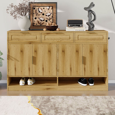 59.1" Farmhouse Sideboard Buffet With 3 Drawers & 4 Doors, Storage Cabinet With Adjustable Shelf & Open Compartments