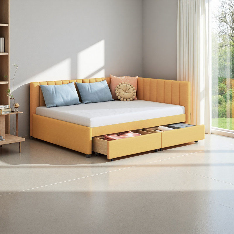 Full Size Upholstered Daybed With 2 Storage Drawers Sofa Bed, Yellow