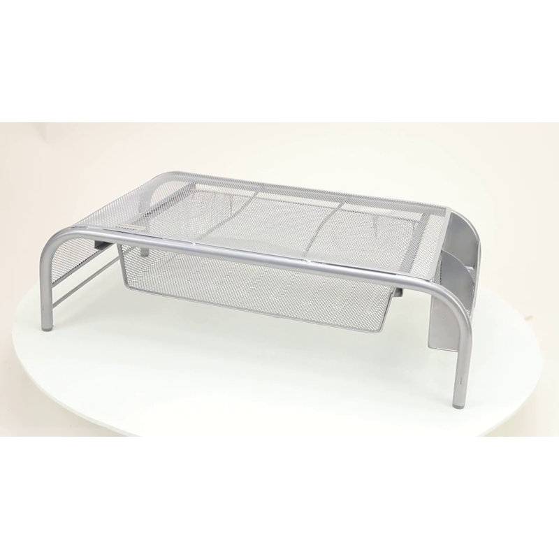 Silver Metal Mesh Monitor Stand with Drawer and Organizer