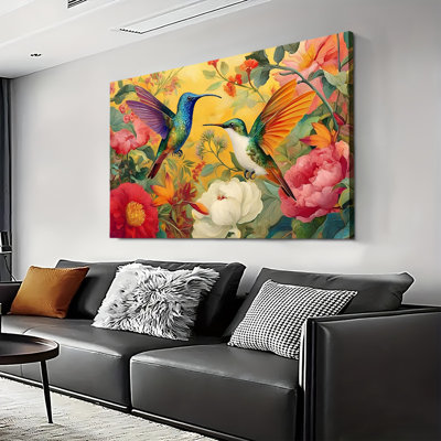 Colorful Hummingbirds And Blooming Flowers Art, Large Gallery Wrapped Canvas Wall Art Print for Living Room & Bedroom