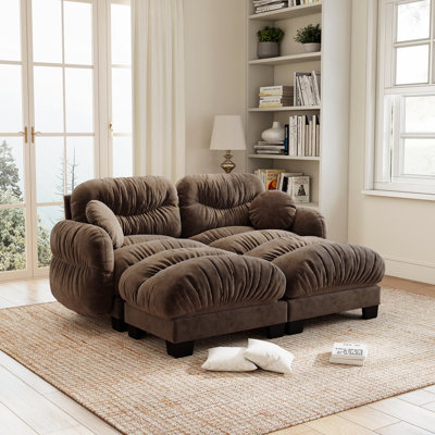 Modern 2 Seat Chenille Upholstered Modular Sectional Sofa With Two Ottomans,Pleated Design For Living Room