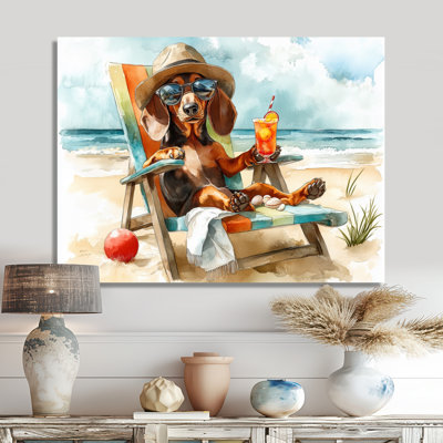 Brown Dachshund Dog On The Beach Lounging II - Coastal Animal Wall Decor