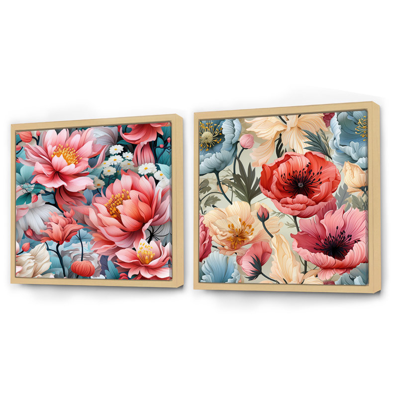 «Blue and Pink Poppies Expression» - Ensemble de 2 collages floraux carrés, Cadre flottant brun, H 30 po x l 61 po