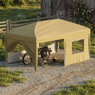 10x30 Pop-Up Awning with 8 Sidewalls - Heavy Duty Outdoor Awning Tent with Portable Rolling Bag - 3 Adjustable Height, 8 Weight Bags, 8 Stakes and 6 Drawstrings, Khaki