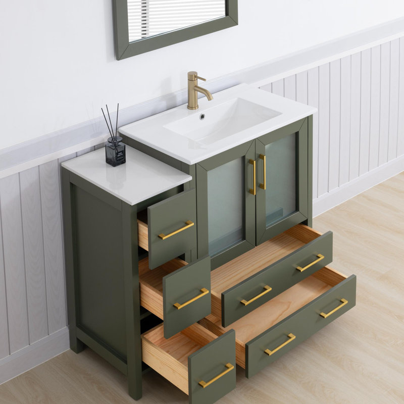 Brescia 42" Single Sink Freestanding Bathroom Vanity with Ceramic Top and Matching Mirror, Vintage Green / Brushed Gold