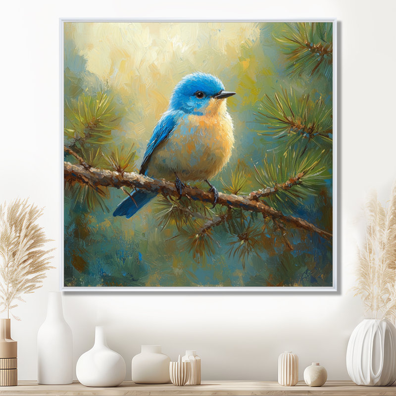 «Cheery Bluebird In The Pines I», art mural oiseau, Impression encadrée flottante, H 16 po x l 16 po, Blanc