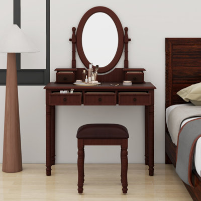 Ensemble de coiffeuse avec miroir ajustable, 5 tiroirs et tabouret moelleux Retro