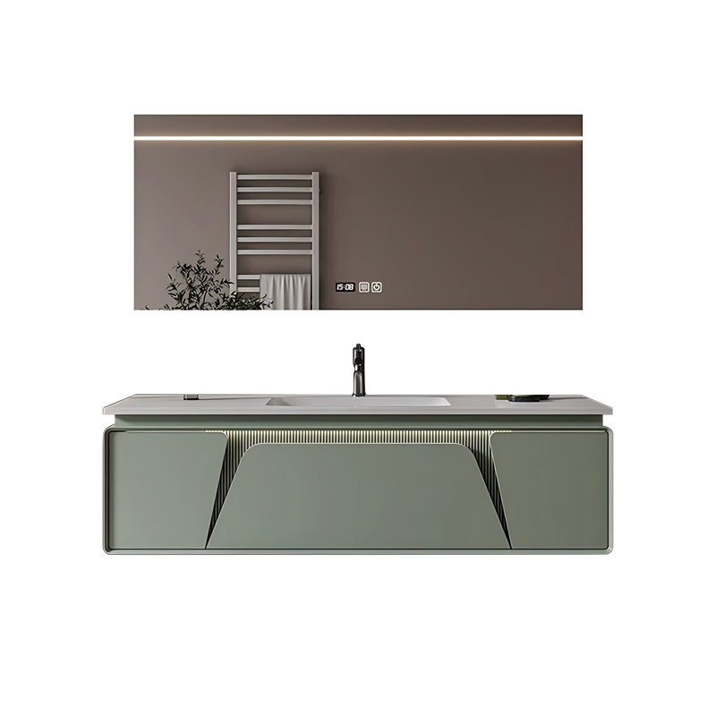 Meuble-lavabo en céramique sans joint, style pierre frittée, couleur sauge fumée, avec 1 tiroir et 2 portes et miroir intelligent.