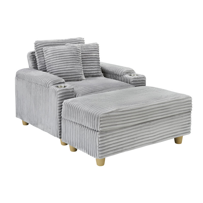 57" Corduroy Single Seater Sofa With Ottoman Storage, Gray