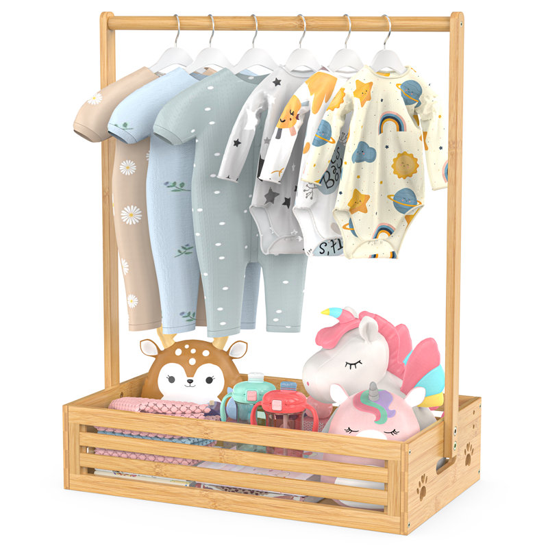 Porte-vêtements pour bébé avec boîte de rangement et tringle de suspension réglable pour poupée pour tout-petits 