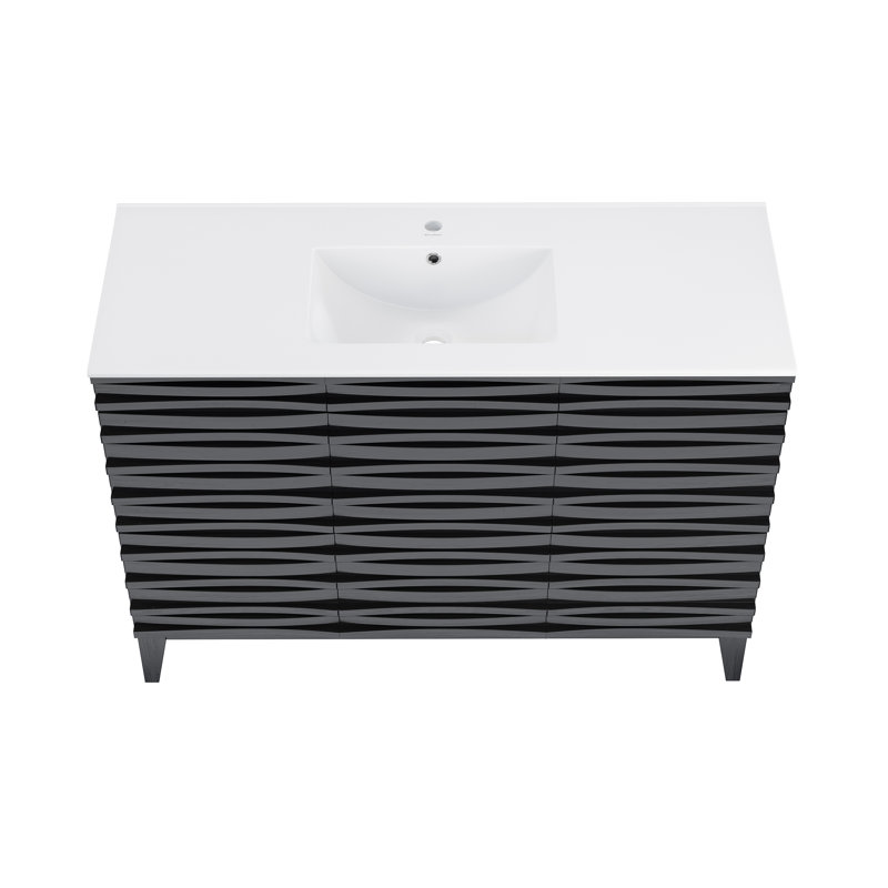 Meuble-lavabo noir 48 po Cascade, Trou unique, Blanc, Chêne noir