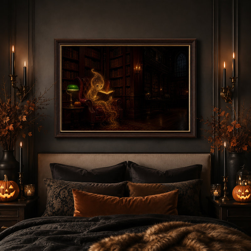 Fantôme lumineux lisant un livre dans une bibliothèque sombre, avec une toile murale d'Halloween, 16"H x 24"W