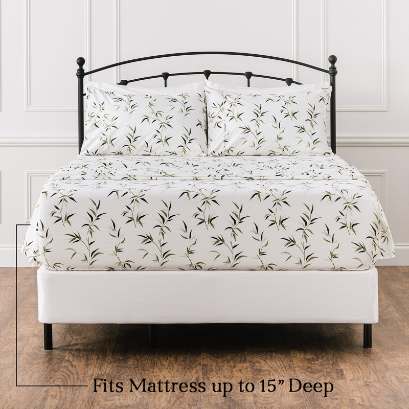 Queen White Bamboo Print Microfiber Sheet Set