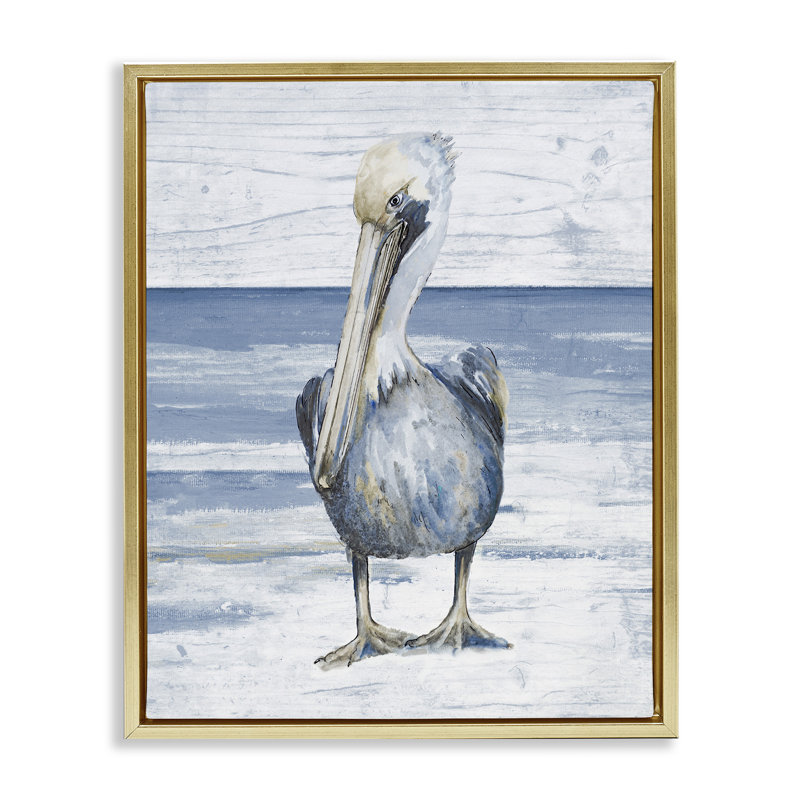«Rustic Nautical Pelican», reproduction encadrée sur toile par Patricia Pinto, Cadre flottant métallique doré
