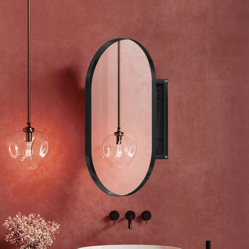 Armoire à pharmacie encastrée ovale 20 po x 34 po, armoire de salle de bain murale en métal avec miroir et tablettes réglables, miroir mural avec rangement