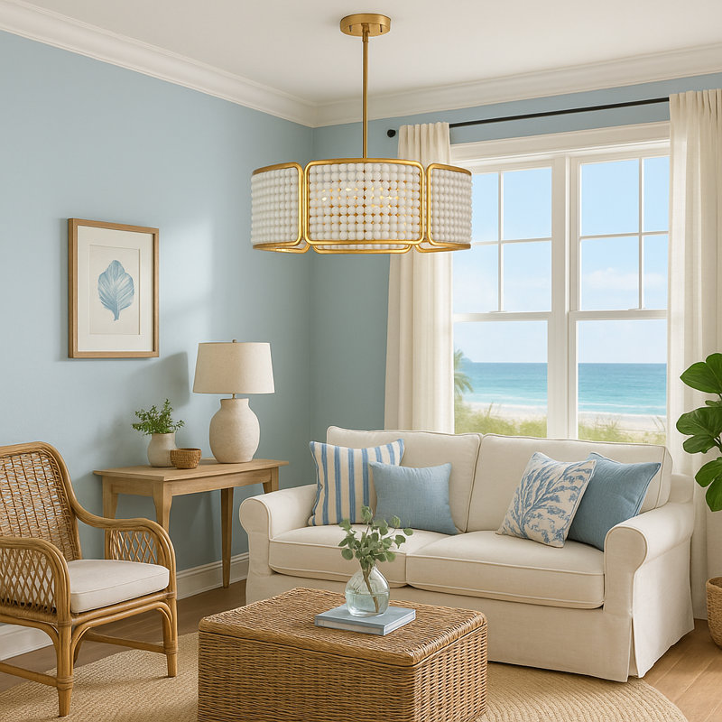 Lustre perlé en bois 5 lumières Dimmable Coastal Drum