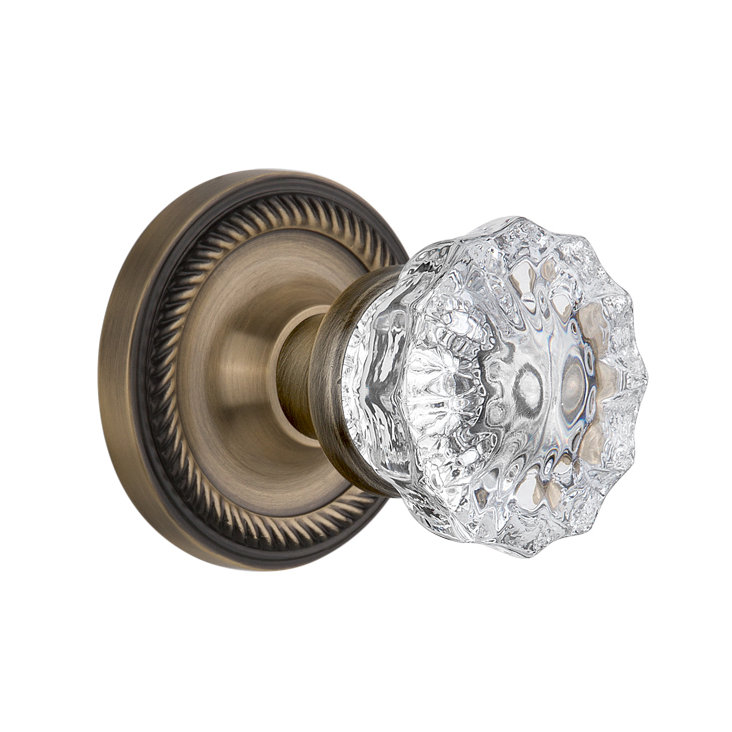Clear Crystal Interior Mortise Door Knob with Rope Rosette, Antique Brass
