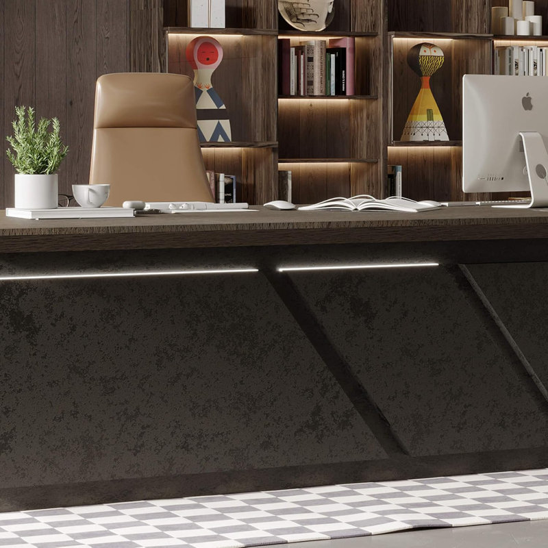 Bureau de direction double caisson en L avec éclairage à DEL et armoire de rangement, bureau de PDG à hauteur réglable de luxe pour bureau moderne