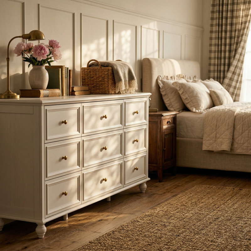 Classic Elegance 9-Drawer Dresser With Brass Knob Handles - Timeless, White