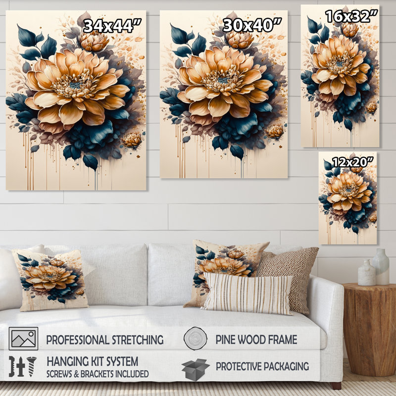 Orange clair et bleu foncé Dhalia IV - Art mural sur toile floral et botanique, H 32 po x l 24 po x P 1 po