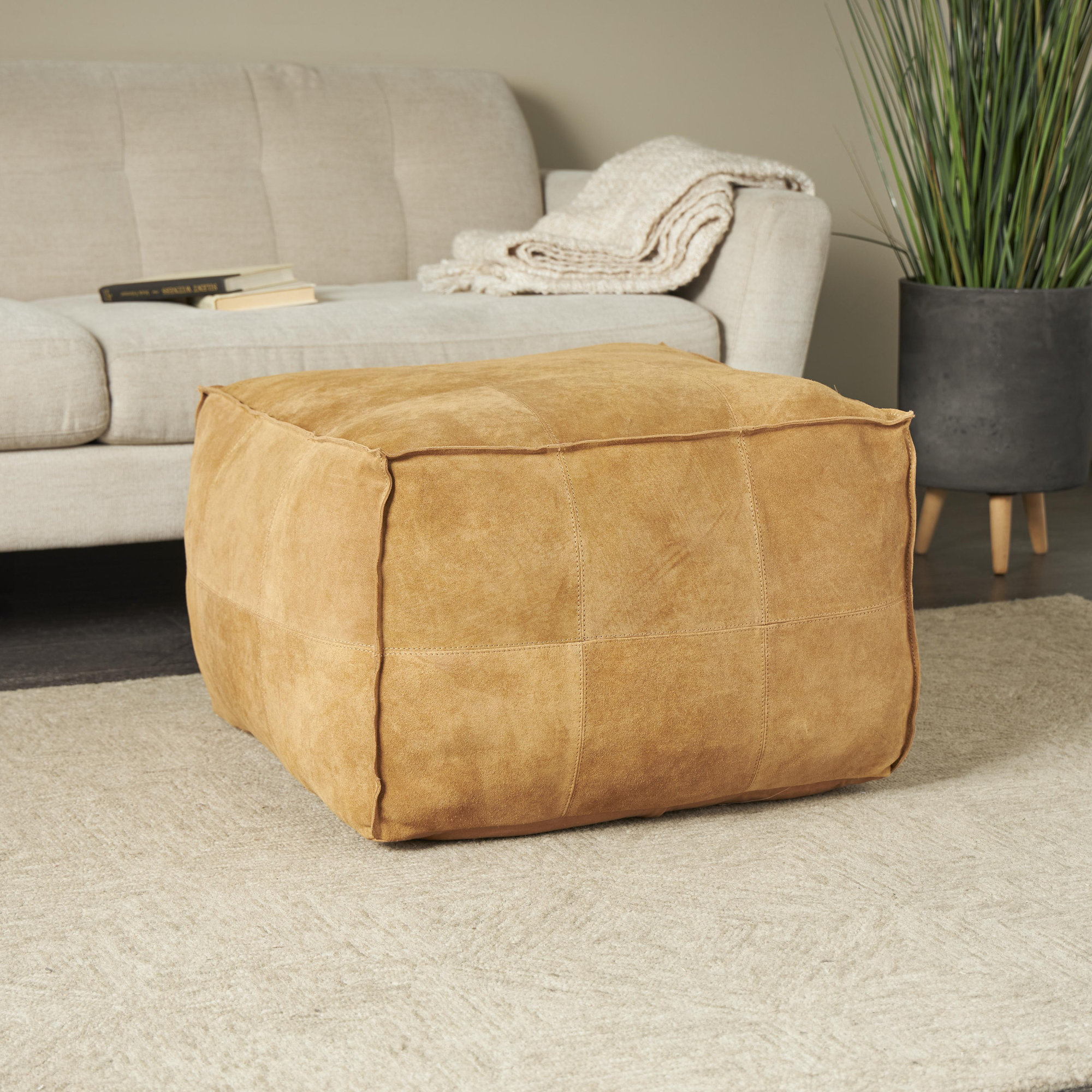 Shara Leather Pouf, Brown Genuine Leather