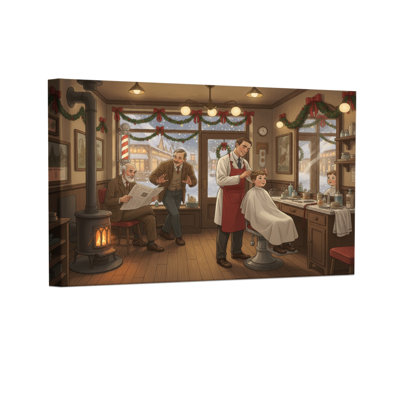 Christmas Barber Shop Christmas Scene With Men Set of 3 Canvas Wall Art Prints