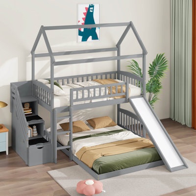 Kids House Bunk Bed With Stairs And Slide, Twin Over Full Floor Bed With Roof And Guardrail, Wooden Bunk Bed For Kids