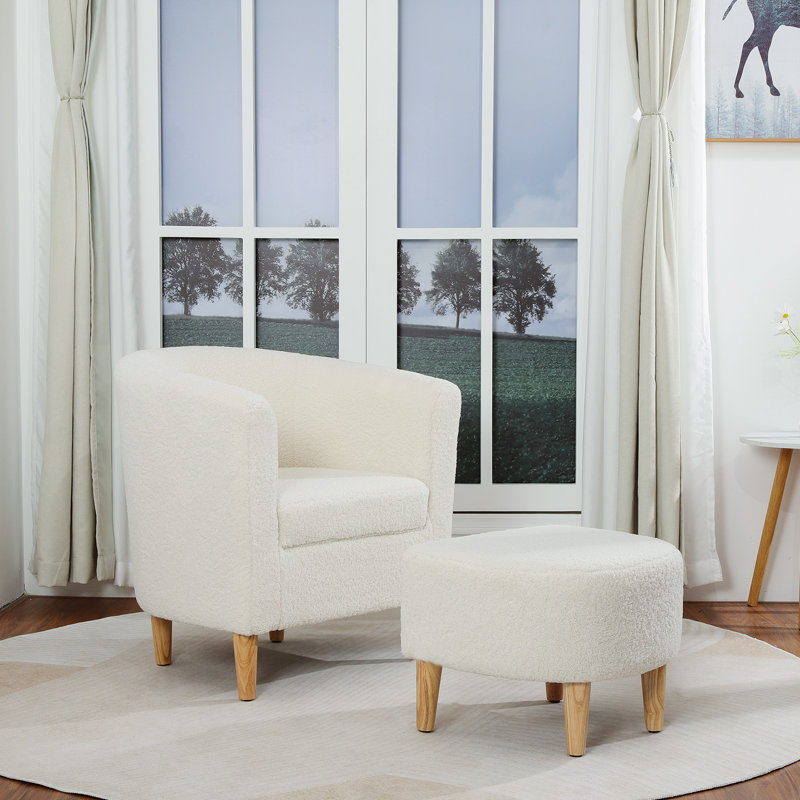 Upholstered 27" Wide Barrel Chair with Ottoman, White Teddy