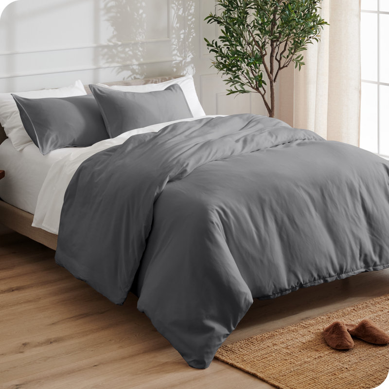 Washed Microfiber Duvet Cover Set, Gray, Oversized Queen Duvet Cover + 2 Standard Shams