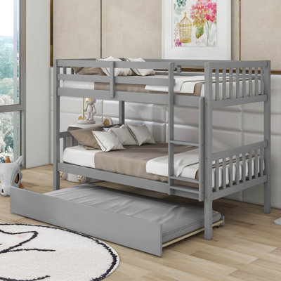 Twin Over Twin Rubber Wood Bunk Bed With Trundle, Convertible Into 2 Beds