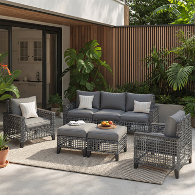 Ensemble de conversation de patio 5 pièces avec canapé 3 places, fauteuils et repose-pieds