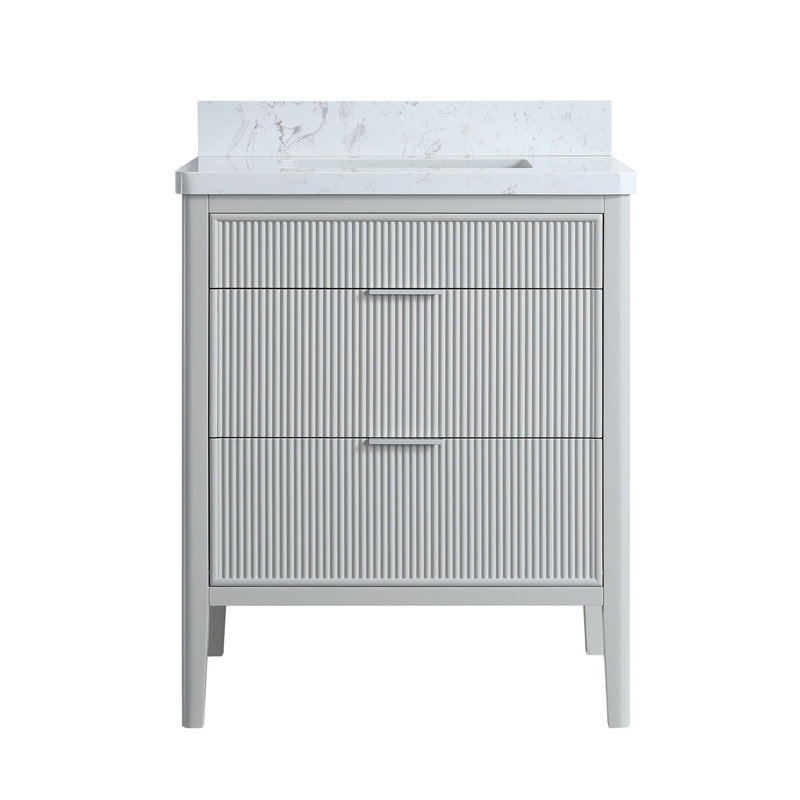Ensemble de meuble-lavabo sur pied simple 30 po avec structure en bois massif et plateau en marbre d'ingénierie, Gris
