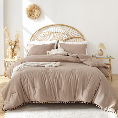 Ball Pom Fringe Comforter Set 3 Pieces- All Seasons Soft Comforter With Two Pillowcases