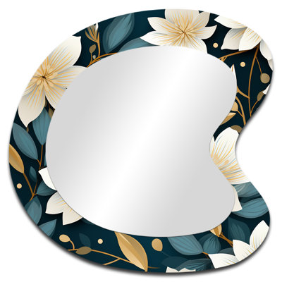 Omusa White Zen Floral Lotus Tranquility - Floral Unique Shape Wall Mirror, White Freeform Decorative Mirror, Printed Metal Art