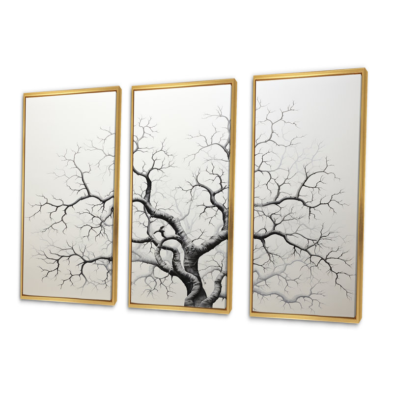 «Monocrhome Sycamore Tree Solitude II», ensemble d'art sur toile Sycamore, Cadre flottant doré, H 40 po x l 60 po x P 1 po
