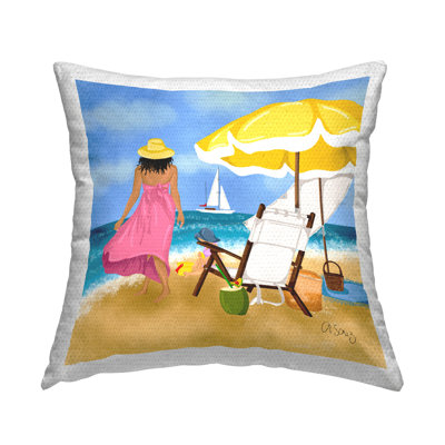Woman Strolling Beach Outdoor Printed Pillow by Ale Saiz Studio
