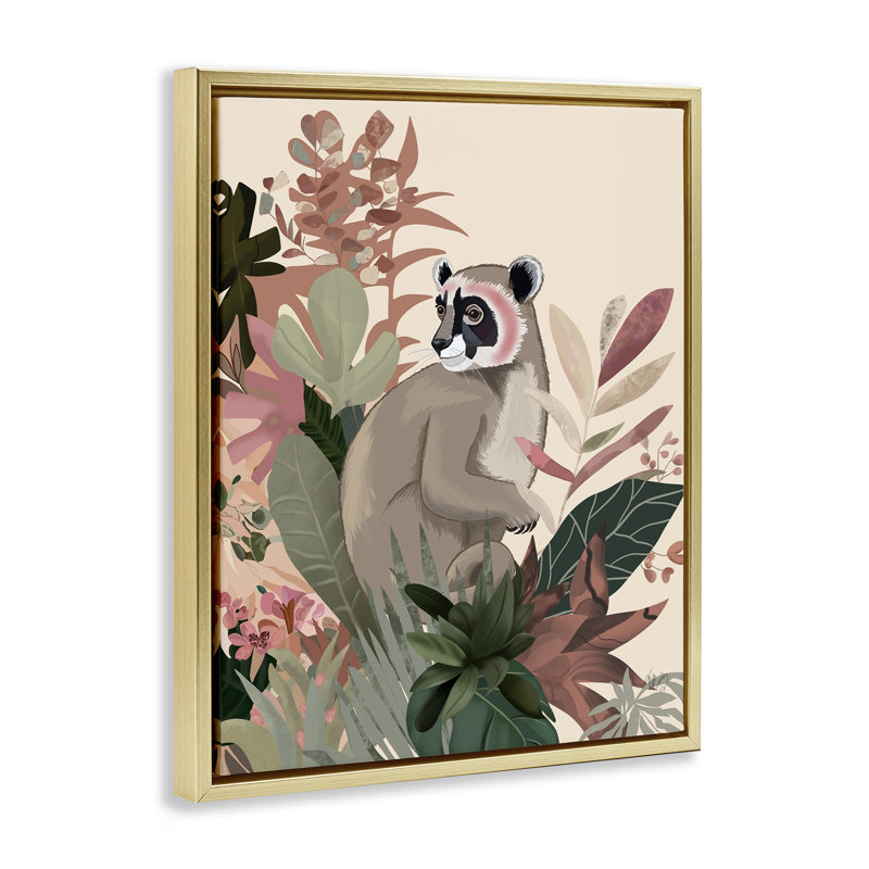 «Lemur & Tropical Plants» par Fab Funky, Cadre flottant noir de jais, H 21 po x l 17 po