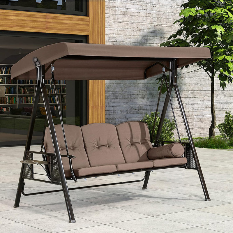 Balancelle de luxe à 3 places avec support et porte-gobelets, avec auvent et oreiller inclus, beige, Brun, Kaki, 78.7" W