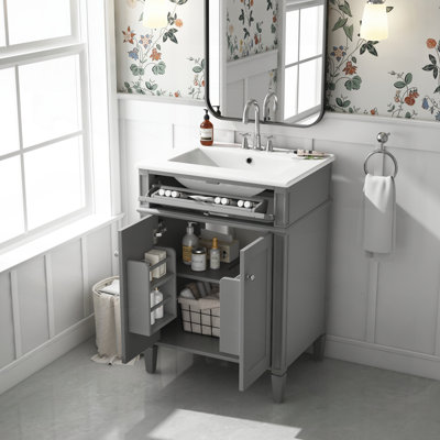 Meuble-lavabo 24 po avec 2 portes et tiroir coulissant, lavabo en céramique, charnières à fermeture en douceur et rangement